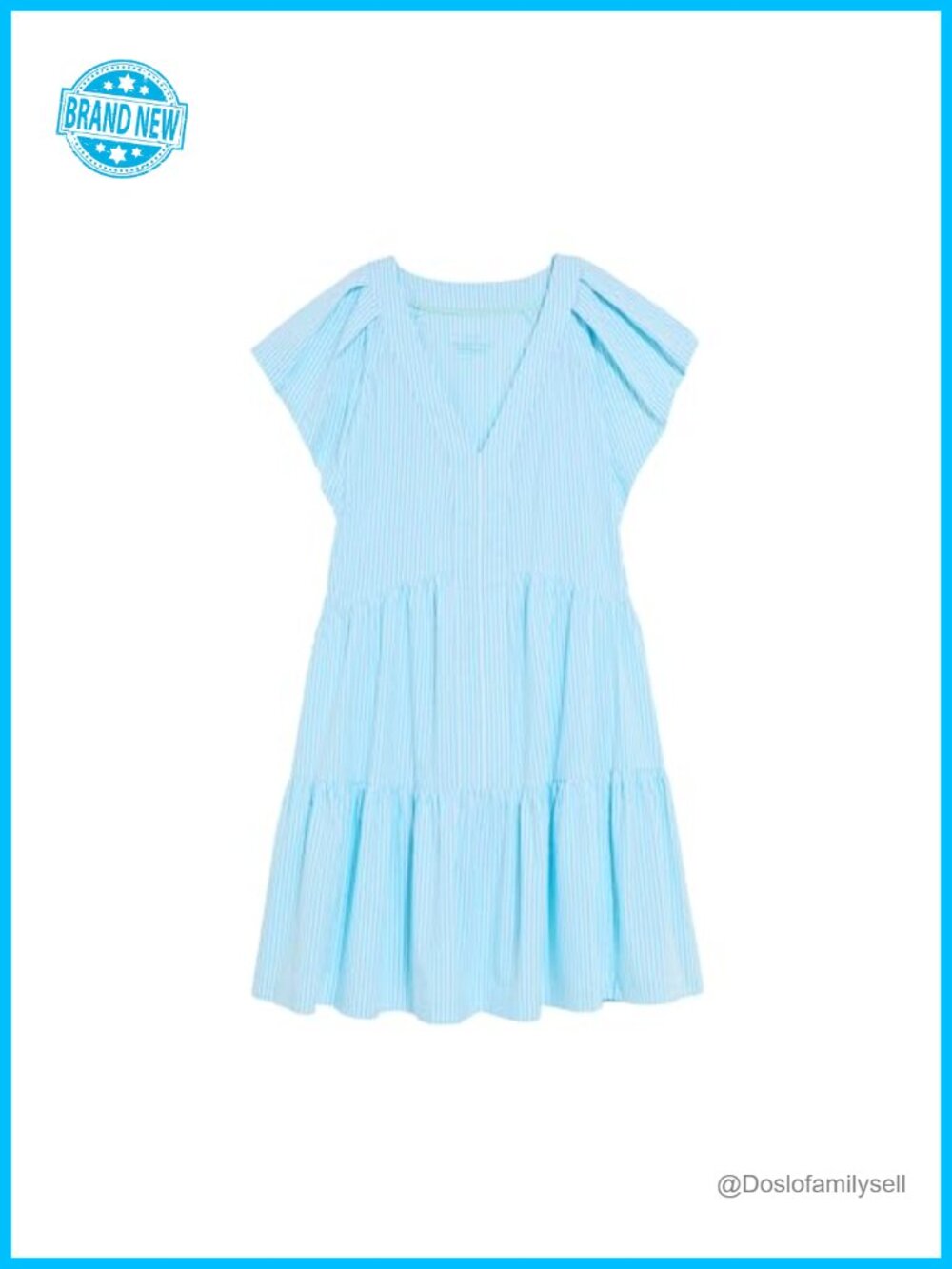 Seersucker Tiered A-Line Dress Flutter Sleeve V-Neck